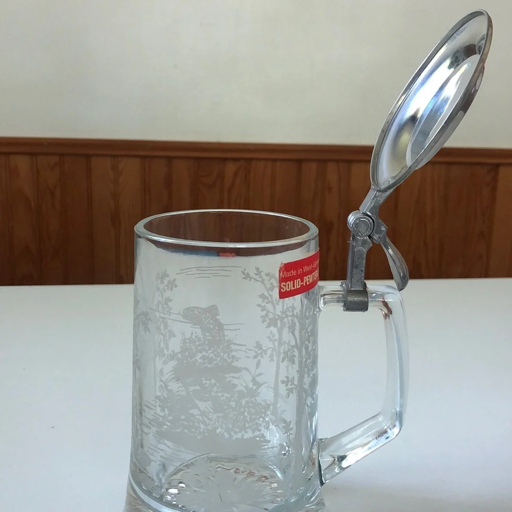 Vintage West Germany Etched Glass Beer Stein Pewter Lid Fishing Scene